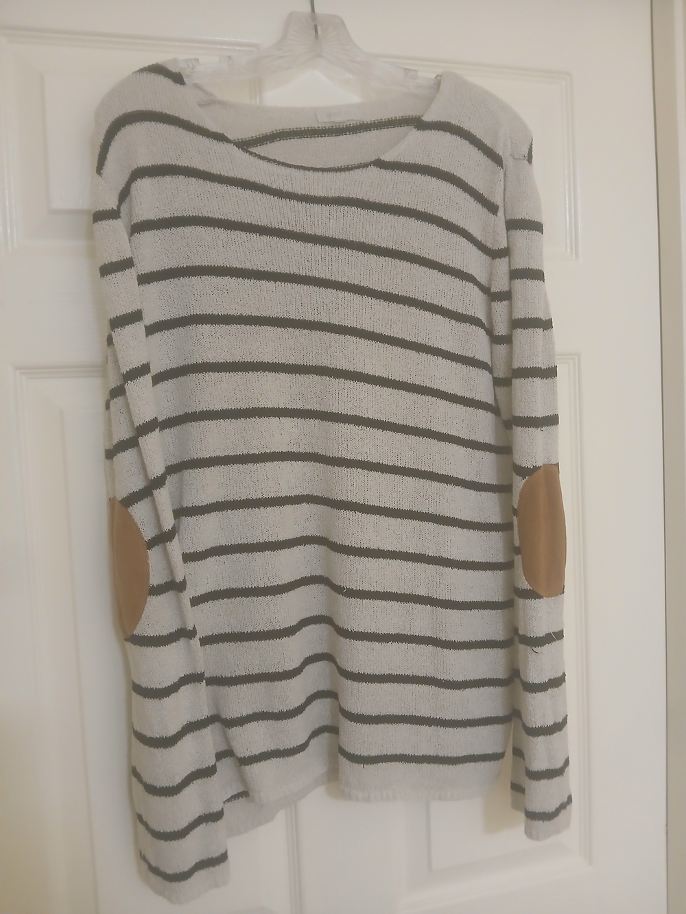 august silk Cream Sweater with Gray Stripes and Tan Elbow Patches
